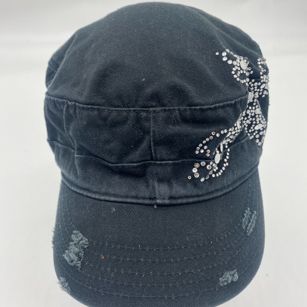 Mega Cap Womens Black Cotton Rhinestone Adjustable Cap Hat One Size